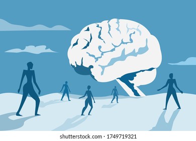 People walking towards a giant structure of brain