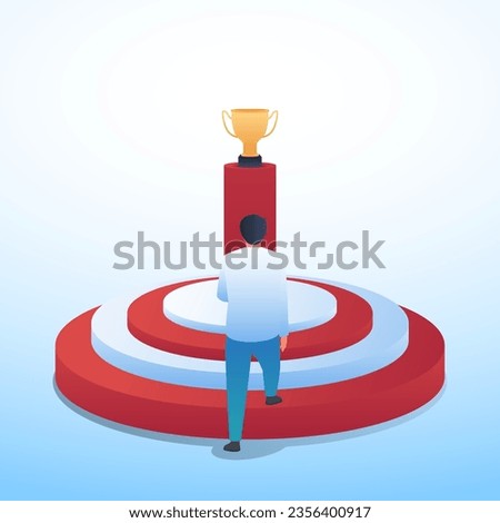 people walking towards trophy which is in the middle of target, metaphor of business target