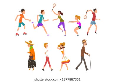 People walking and training in the park set, fitness and healthy lifestyle vector Illustration