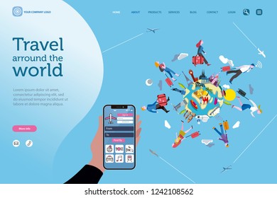 People walking and traveling with luggage on the globe. In the globe of the world some of the most important monuments and tourist destinations.