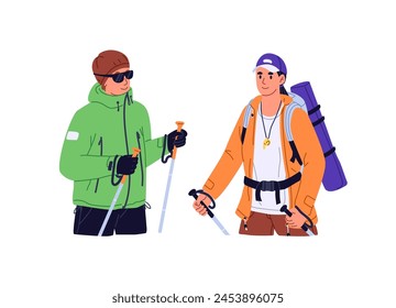 People walking with trekking poles in journey. Hikers travel, carry backpacks with equipment. Tourists, explorers go to mountain trip, expedition. Flat isolated vector illustration on white background