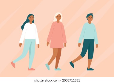 People walking. Trendy vector characters, boy and girls. For web, banners