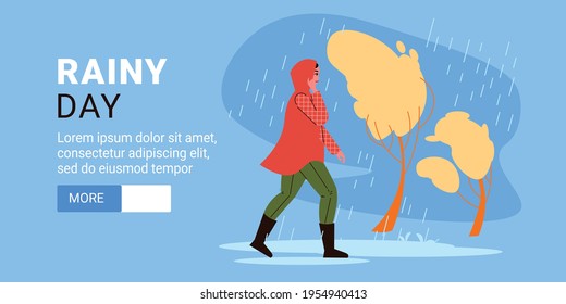 People walking with umbrella horizontal banner with editable text more button and character of rainy girl vector illustration