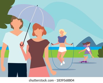 people walking with umbrella, jumping rope and riding skateboard activities outdoor vector illustration