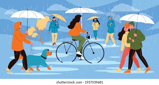 People walking umbrella rainy composition with human characters wearing autumn clothes riding bicycle and walking dog vector illustration