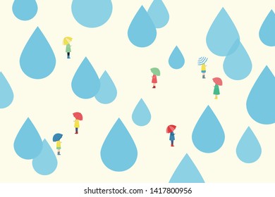 People walking with umbrellas between big raindrops.