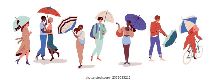 People walking with umbrellas. Characters walk down street and ride bike in warm and cold rainy weather. Happy men and women hold parasols. Cartoon flat vector collection isolated on white background