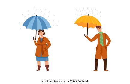 People walking with umbrellas on rainy day. Man and woman in casual autumn outfit holding umbrella cartoon vector illustration