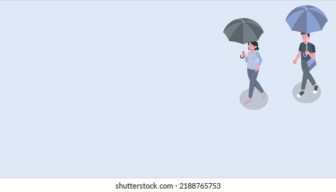 People walking with umbrellas on rainy day. Man and woman in casual autumn outfit holding umbrella. walking in the fall in the rain, an autumn umbrella. cartoon vector illustration.
