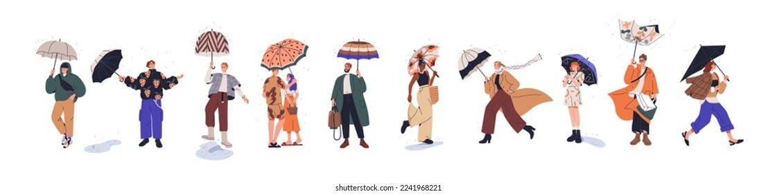 People walking with umbrellas in rainy weather. Men, women set holding parasols in warm and cold rain, shower. Characters on street in downpour. Flat vector illustration isolated on white background
