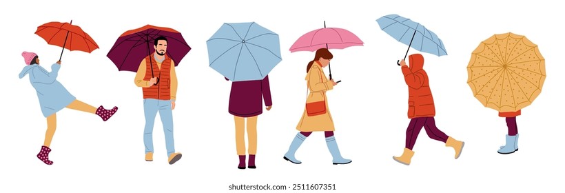 Personas caminando con paraguas en Clima lluvioso. Los hombres, las mujeres fijan la celebración de sombrillas frente, lado, vista posterior. Ilustración vectorial plana aislada sobre fondo blanco