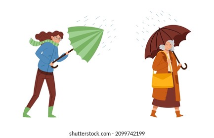 People walking with umbrellas set. Elderly woman and girl in casual autumn outfit holding umbrella on rainy windy day cartoon vector illustration