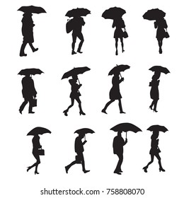 people walking with umbrellas vector silhouette
