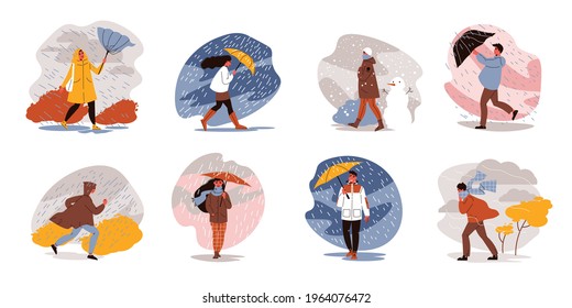 People walking with umbrellas weather set of isolated compositions with rainy landscapes and doodle human characters vector illustration