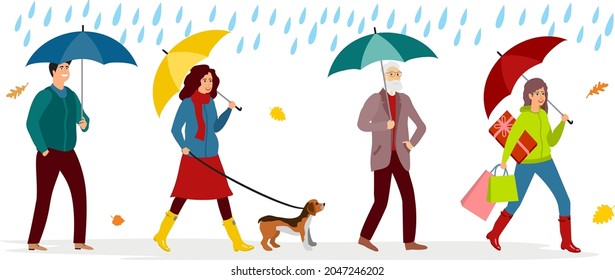 People walking under rain. Autumn weather, man and woman with umbrella vector illustration. Umbrellas woman and man concept.