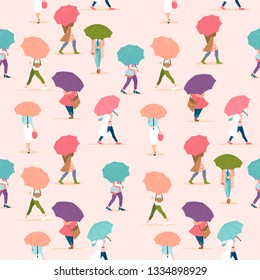 People walking under umbrella pattern design. Crowd of tiny people seamless pattern in pastel colors. Umbrellas woman cover.