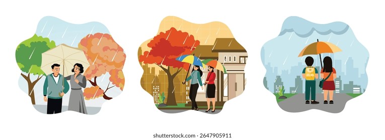 Pessoas andando sob guarda-chuva. Duas mulheres andando debaixo de um guarda-chuva em um dia chuvoso. Usando guarda-chuvas coloridos em uma rua da cidade.
