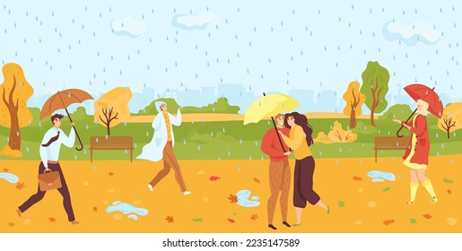 People walking under umbrellas in autumn raining park flat vector illustration. Fall season nature and outdoor activities. Autumn trees.