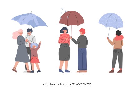 People walking under umbrellas set cartoon vector illustration