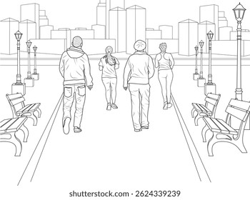 People Walking in Urban Park Line Art, Line art illustration depicting a group of anonymous individuals walking along a wide path in an urban park setting. Benches and lampposts line the path, with