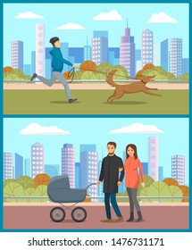 People walking in urban park, man and woman going with stroller, person running with dog. Parents with pram on street, male with pet, city vector. Autumn park