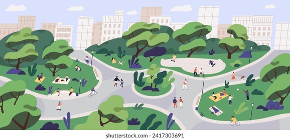 Gente caminando en el panorama de los parques urbanos. Moderno paisaje de ciudad verde. Pequeños personajes en bicicleta, hacer picnic en el área de recreación. Actividades de verano al aire libre con amigos, familia. Ilustración vectorial plana