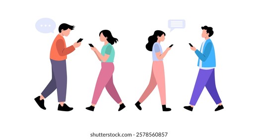 People Walking and Using Smartphones, Engaging in Social Media