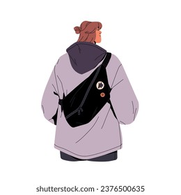 People walking with waist bag back view. Young woman wearing modern urban outfit: hoody, belt pack. Girl in casual clothes standing, looking away. Flat isolated vector illustration on white background