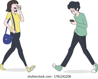 people walking while holding phone and talking on the phone