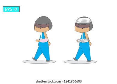 People walking white background and wearing a blue dress.He was injured with broken arm and plaster cast.Concept flat style vector medical illustration._EPS10