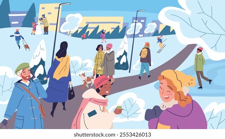 People walking winter park. Family couple walk in snow city park outside scene landscape, man woman friends dog wintering vacations outdoor cold weather, classy vector illustration original artwork