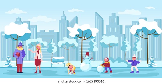 People walking in winter Park horizontal banner. City Building Panorama. Active Leisure Healthy Lifestyle Outdoors - skating, skiing, family carries ski. Flat Art Vector Illustration