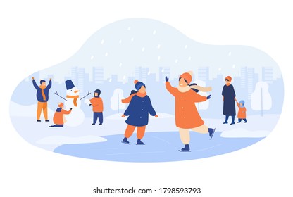 People walking in winter park isolated flat vector illustration. Cartoon men, women and children ice skating and making snowman. Cold, family and activity concept