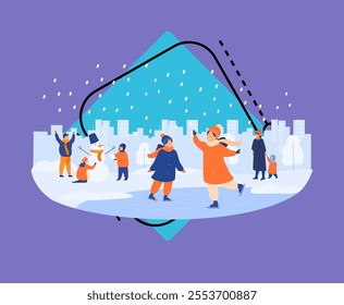 People walking in winter park isolated flat vector illustration. Cartoon men, women and children ice skating and making snowman. Cold, family and activity concept