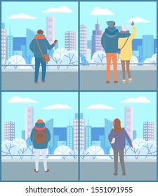 People walking in winter urban park, back view, winter cloth. Couple looking at beautiful cityscape of town. Man with backpack and woman with headphones. Vector illustration in flat style, wintertime