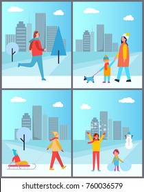 People walks in winter with cityscape. Girl on run, mother with son and dog, kid on sledge with father and children play in snow vector illustrations.