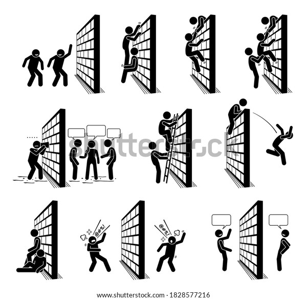 People with a wall stick figures pictogram icons.\
Vector illustration of people climbing over a wall, and standing on\
the other side of the\
wall.