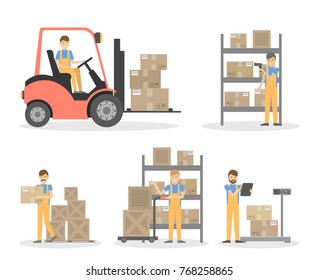 People in warehouse set. Interior with trucs and people on white background.