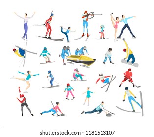People in warm clothes doing winter sport big set. Collection of professional sportsmen in ski, snowboard, skate and sled. Outdoor winter activity. Isolated vector illustration