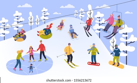 People in warm clothes doing winter activities. Vector illustration of people in ski, snowboard, skate and sled. Outdoor winter activity with family. Isolated vector illustration