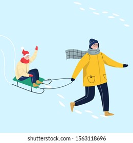 People in warm clothes doing winter activities. Vector illustration of child flying down the hill on sled with his father. Outdoor winter activity with family. Isolated vector illustration