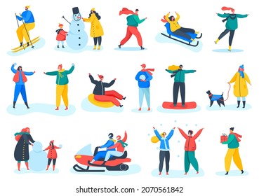 People in warm clothes doing winter outdoor activities in park. Characters snowboarding, building snowman, ice skating, skiing vector set. Seasonal sport, man and woman have active lifestyle