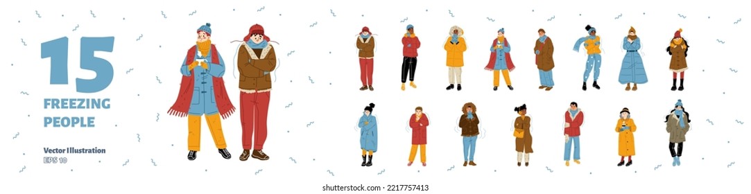 People in warm clothes freeze in winter. Diverse characters wearing jacket, overcoat or parka, hat, scarf and gloves shiver in cold weather, vector hand drawn illustration