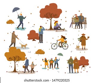 People in warm clothes having fun outdoors walking in autumn park. Girl riding bike and grandparents sitting on bench. Man walk his dog and friends with umbrella. Autumn park landscape with people