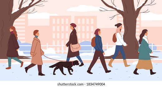 People in warm clothes, outdoor activity in the winter park. Public garden in christmas season with snow and trees. New year fair poster, flyer or banner. Man, woman relax, walking with dog.