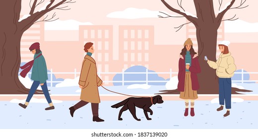 People in warm clothes, outdoor activity in the winter park. Public garden in christmas season with snow and trees. New year fair poster, flyer or banner. Man, woman relax, walking with dog.