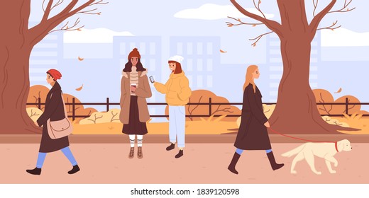People in warm clothes, outdoor activity in the autumn park. Public garden in fall season with yellow grass, leaves and trees. Autumn fair poster, flyer or banner. Man, woman relax, walking with dog.