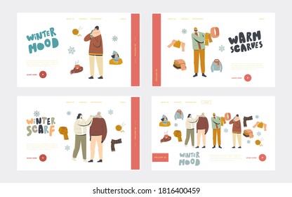 People in Warm Clothes for Outdoor Walking Landing Page Template Set. Male Female Characters Wearing Knitted Handmade Scarves and Hoods for Cold Winter or Autumn Weather. Linear Vector Illustration