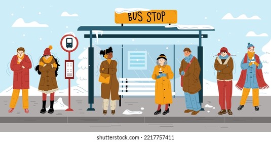 People in warm clothes standing on bus stop in winter. Winter landscape with bus shelter, snow, road and diverse characters freeze in cold weather, vector hand drawn illustration