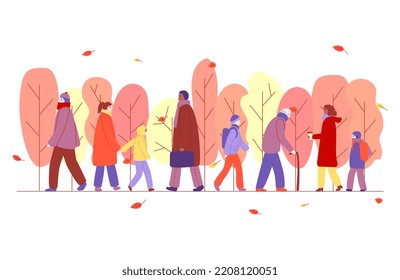 People in warm clothes walk on the street, autumn, leaves, deer, children, men, women, grandfather with a cane